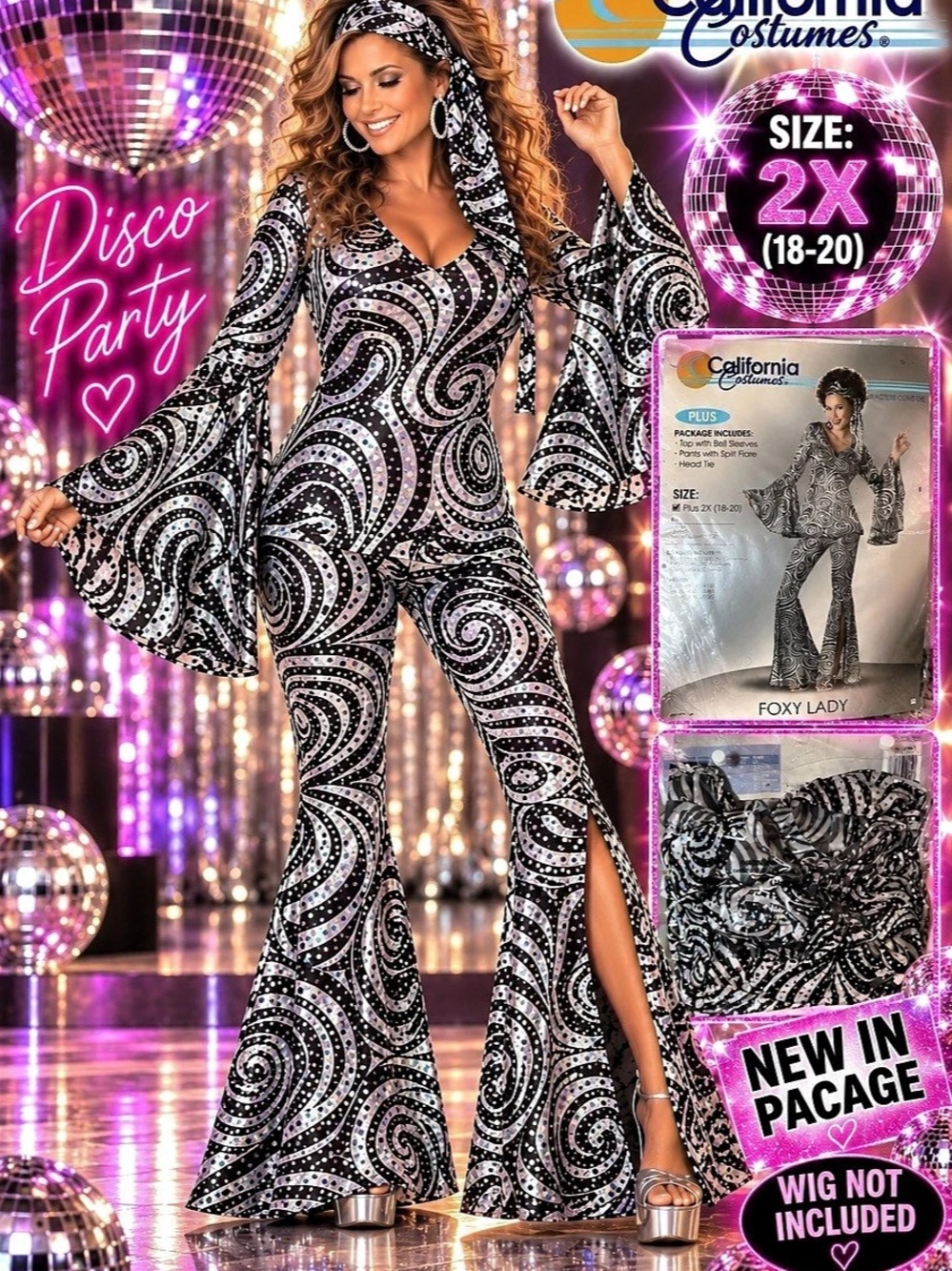 California Costumes Foxy Lady Disco Costume Sequin Flare Costume Black & White